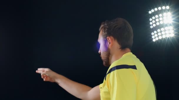 Football Soccer Referee Black Background Whistles Shows Var Video Assistant — Stock Video