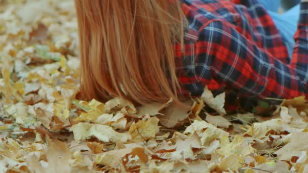 Portrait Beautiful Woman Red Hair Lying Yellow Autumn Leaves Female — Stock Video