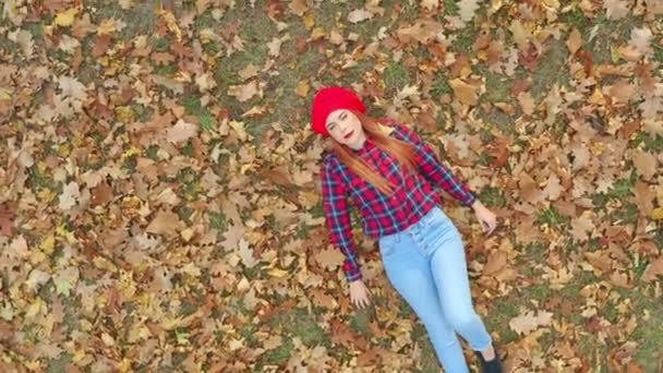 Vue Aérienne Une Belle Femme Allongée Dans Des Feuilles Jaunes — Video