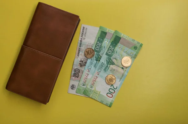 Wallet with money and coins, Russian currency