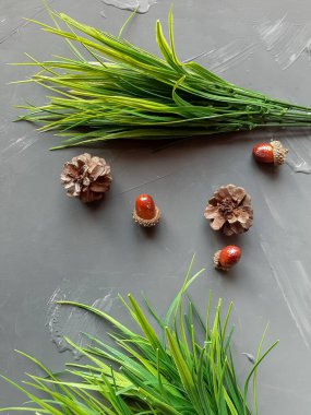 Gri arkaplanda yeşil çimenler