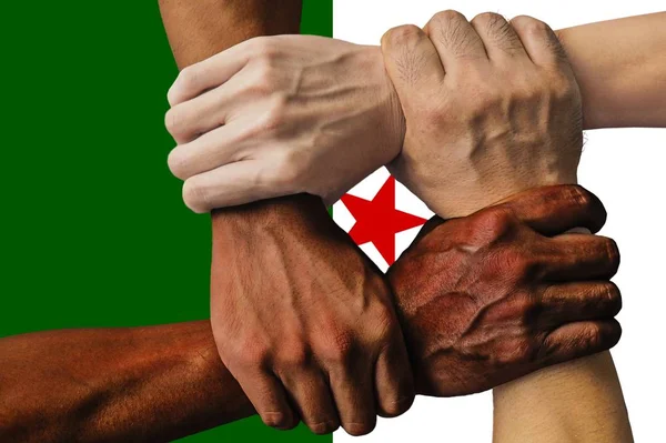 Bendera Aljazair Kelompok Multikultural Pemuda Keragaman Integrasi Terisolasi — Stok Foto