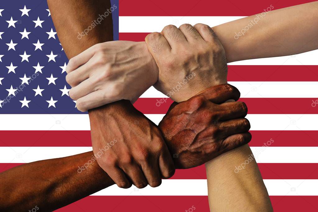 united states flag, intergration of a multicultural group of young people.