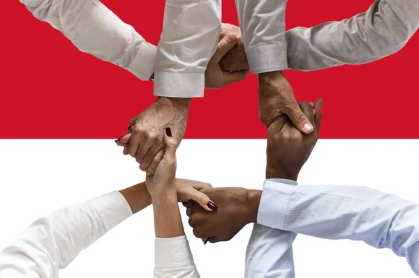 Monaco Flagge Integration Einer Multikulturellen Gruppe Junger Menschen — Stockfoto