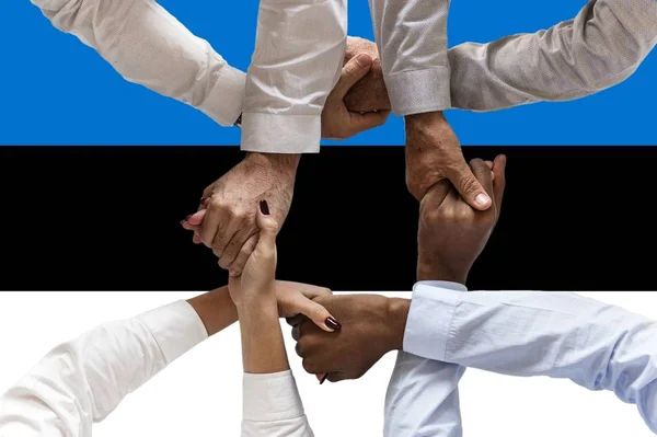 Bandiera dell'Estonia, integrazione di un gruppo multiculturale di giovani — Foto Stock