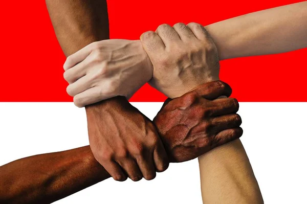 Flag of Indonesia, intergration of a multicultural group of young people — Stock Photo, Image