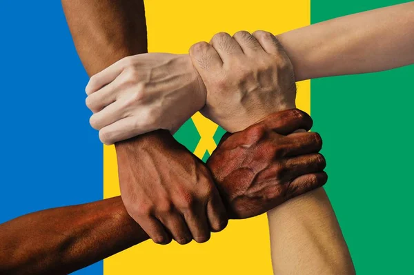 Flag of Saint Vincent and the Grenadines, intergration of a multicultural group of young people — Stock Photo, Image