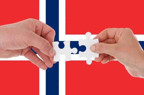 Norwegische Flagge, Integration einer multikulturellen Gruppe junger Menschen — Stockfoto