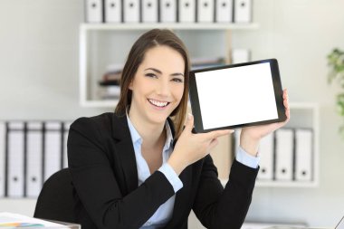 Mutlu ofis çalışanı bir yatay tablet ekran gösterilen alay