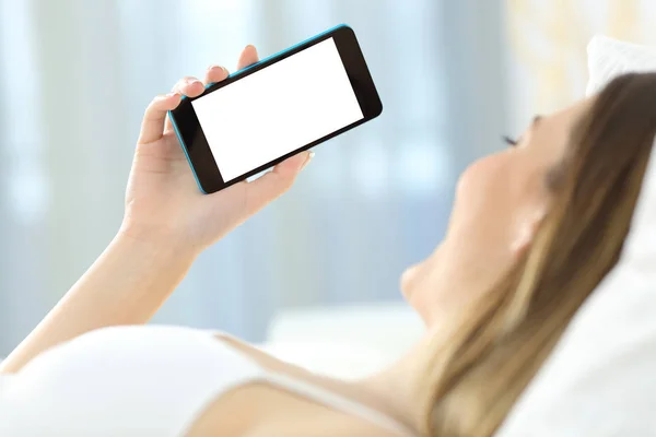Close Woman Hand Using Phone Showing Mockup Screen — Stock Photo, Image