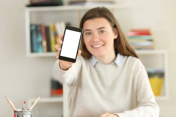 Nöjd Student Visar Smart Telefon Skärmen Mockup — Stockfoto