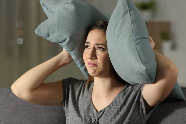 Annoyed Woman Suffering Neighbour Noise Sitting Couch Living Room Home — Stock Photo, Image
