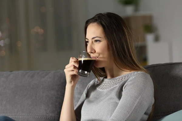 Relaxed Woman Drinking Decaffeinated Coffee Night Sitting Couch Living Room — Stock Photo, Image