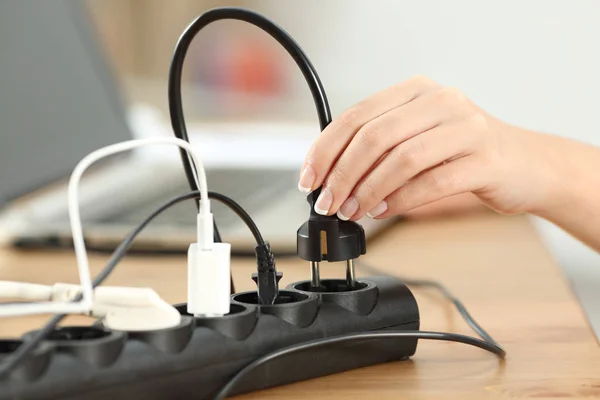 Close Woman Hand Plugging Plug Electrical Socket Table Home — Stock Photo, Image