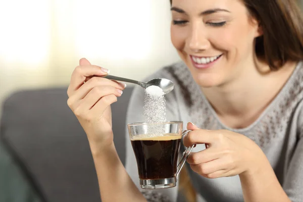 Close Happy Girl Throwing Sugar Coffee Spoon Sitting Couch Living — Stock Photo, Image