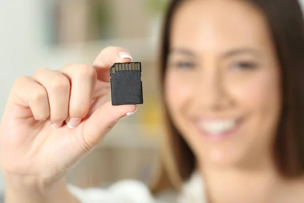 Close Happy Woman Hand Showing Memory Card — Stock Photo, Image
