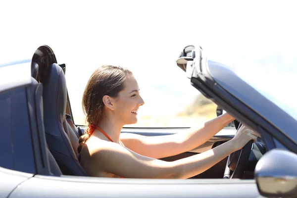 Side View Portrait Single Woman Driving Convertible Car Summer Vacation — Stock Photo, Image