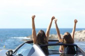Картина, постер, плакат, фотообои "back view of two joyful tourists watching the sea in a convertible car on summer vacation", артикул 202141210