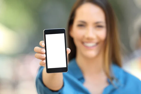 Girl Hand Showing Phone Screen Mock Street — Stock Photo, Image