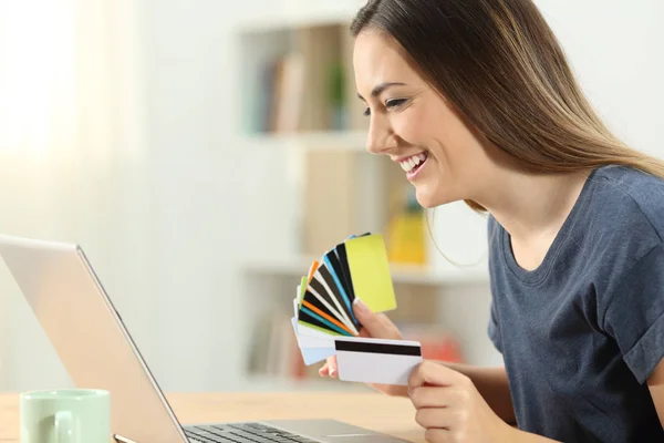 Side View Portrait Happy Shopper Paying Online Several Credit Cards — Stock Photo, Image