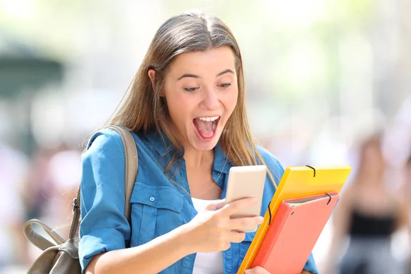 Excited Student Receiving Good Online News Street — Stock Photo, Image