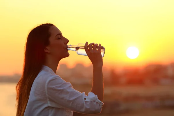 Hintergrundbeleuchtung Porträt Eines Gesunden Mädchens Das Bei Sonnenuntergang Wasser Trinkt — Stockfoto