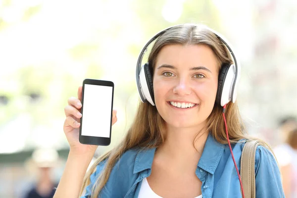 Front View Portrait Happy Girl Headphones Showing Blank Smart Phone — Stock Photo, Image