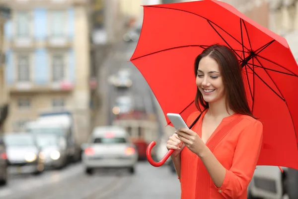 거리에서 속에서 우산을 스마트 전화를 — 스톡 사진