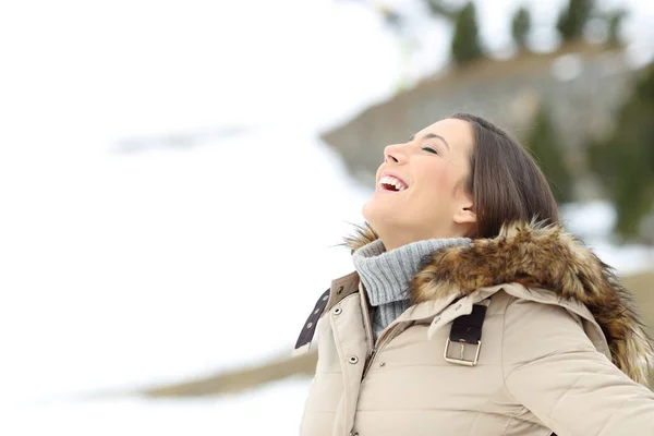 Happy Woman Breathing Fresh Air Winter Holiday Snowy Mountain — Stock Photo, Image