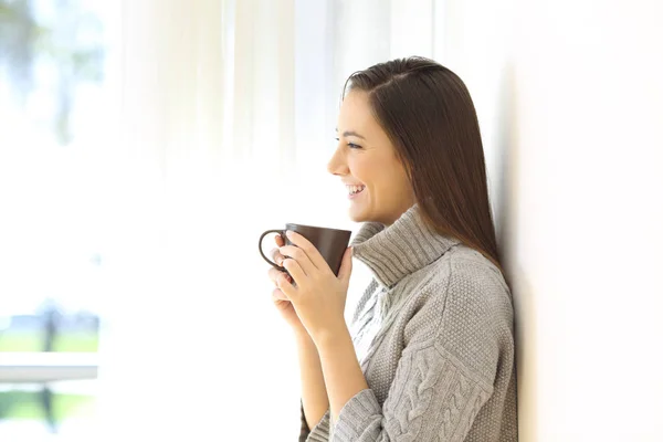 겨울에 집에서 커피잔을 여자의 프로필 — 스톡 사진