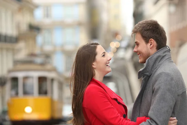 Side View Portrait Cheerful Couple Looking Each Other Street — Stock Photo, Image
