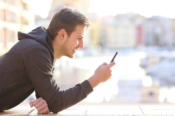 Profile Teenage Boy Using Smart Phone Lying Sidewalk Street Coast — Stock Photo, Image