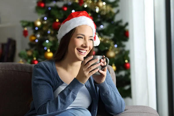 Happy Girl Drinking Coffee Christmas Sitting Couch Living Room Home — Stock Photo, Image