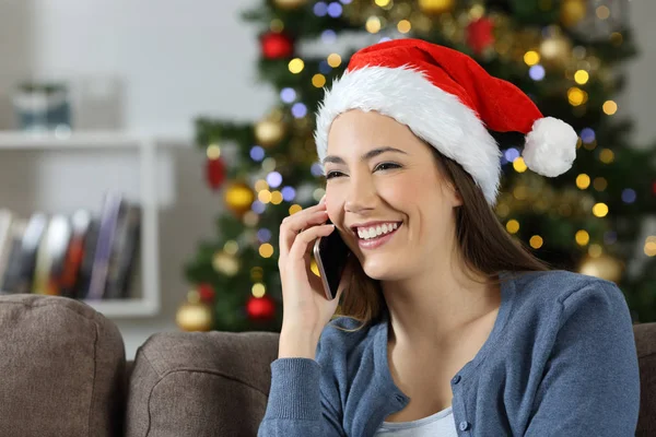 Happy Woman Talking Phone Christmas Sitting Couch Living Room Home — Stock Photo, Image