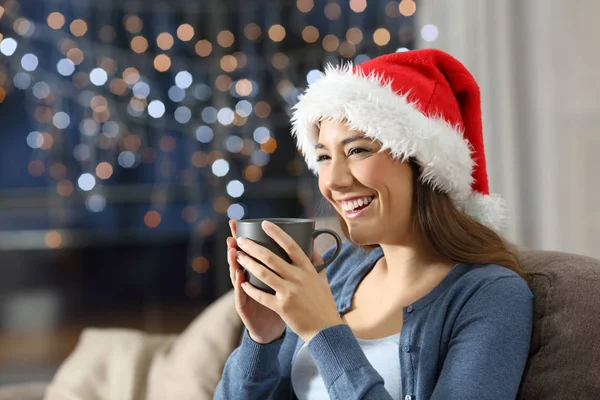 Woman Drinking Coffee Christmas Night Sitting Couch Living Room Home — Stock Photo, Image