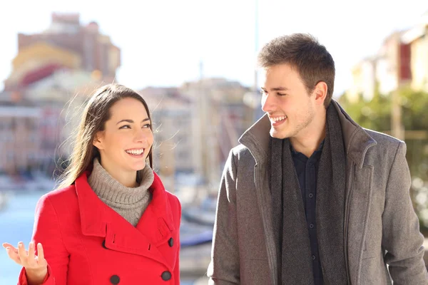 Framifrån Porträtt Ett Lyckligt Par Som Talar Vintern Kust Stad — Stockfoto
