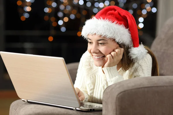 Happy Teen Watching Line Content Laptop Christmas Lying Couch Living — Stock Photo, Image