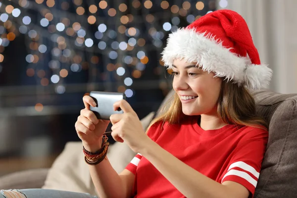Teen Watching Media Smart Phone Christmas Sitting Couch Living Room — Stock Photo, Image
