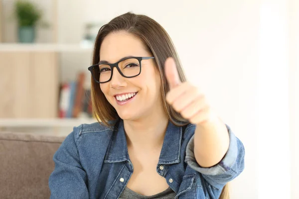 Happy Girl Thumbs Sitting Couch Living Room Home — Stock Photo, Image