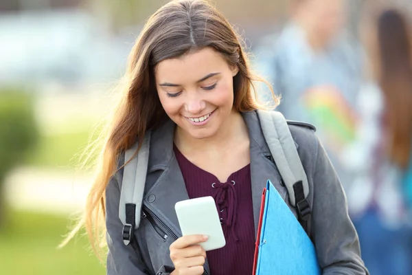 Retrato Vista Frontal Estudante Feliz Caminhando Direção Câmera Usando Telefone — Fotografia de Stock