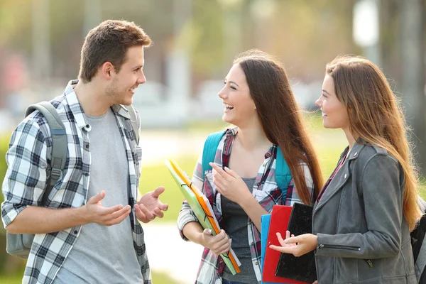 Tres Estudiantes Felices Hablan Aire Libre Calle — Foto de Stock