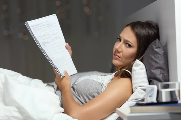 Sad Student Studying Late Hours Looking You Lying Bed Night — Stock Photo, Image