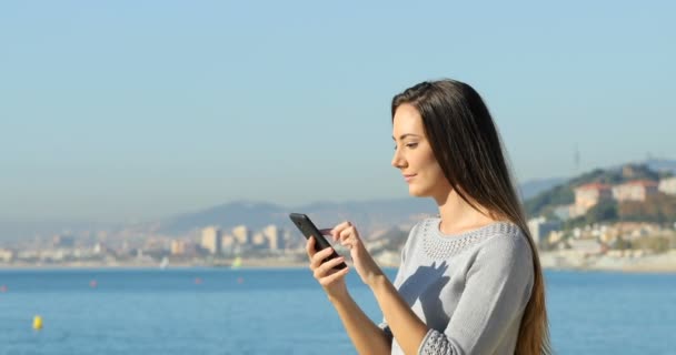 Side View Portrait Excited Girl Celebrating Online Good News Smart — Stock Video