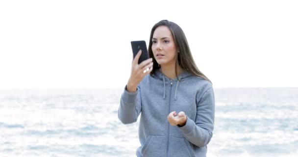 Teenage Girl Searching Smart Phone Coverage Beach — Stock Video