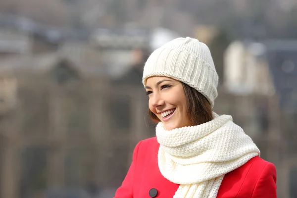 Happy Girl Red Looking Away Outdoors Winter Town — Stock Photo, Image