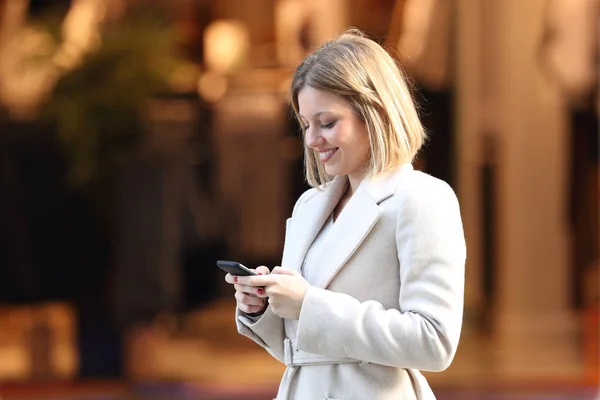 Lady Utilise Téléphone Intelligent Dans Rue Centre Commercial — Photo