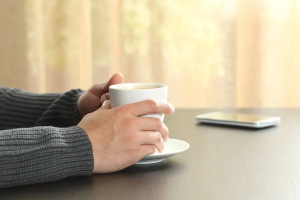 Close Man Hands Holding Coffee Cup Table — Stock Photo, Image
