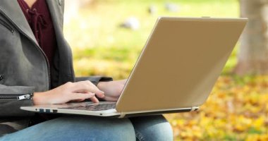 Bir parkta bir dizüstü bilgisayarda tarama bir kadın el yakın çekim