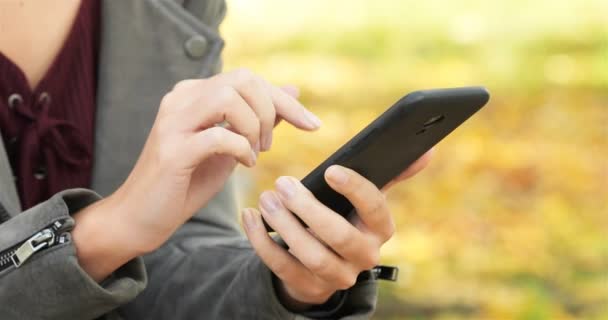 Primer Plano Una Mano Mujer Usando Teléfono Inteligente Parque — Vídeos de Stock