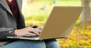 Bir parkta bir dizüstü bilgisayarda yazarak bir kadın el yakın çekim